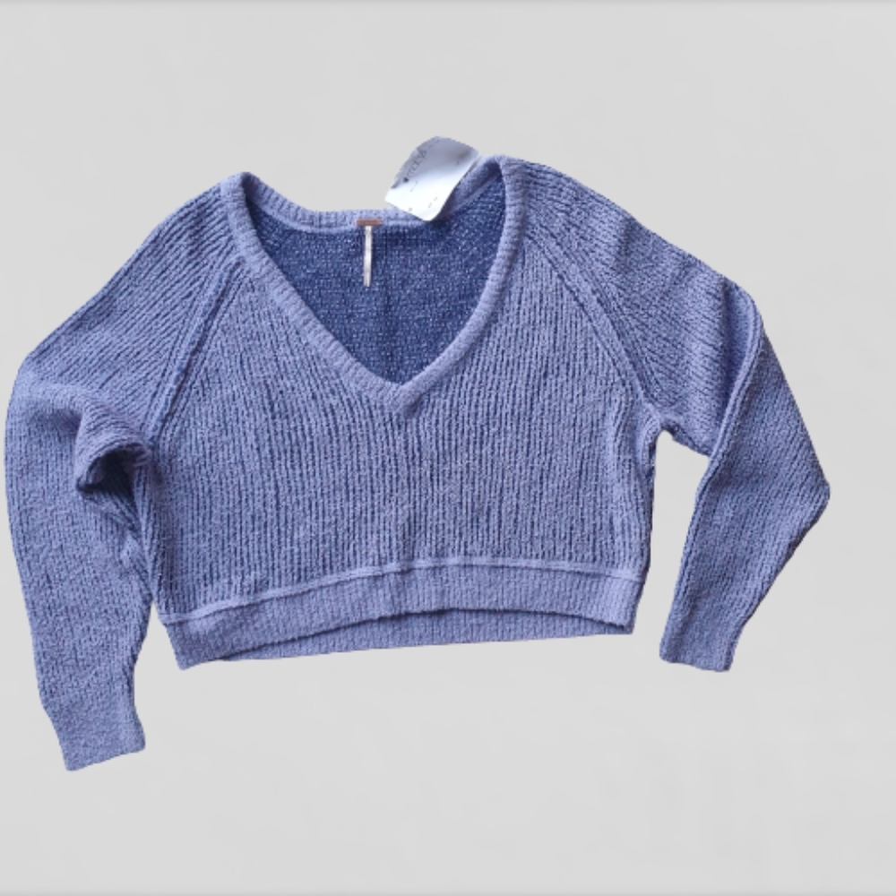 Free People High Low Purple Combo Textured V-Neck Relaxed Fit Comfy Sweater Sm - Picture 5 of 16